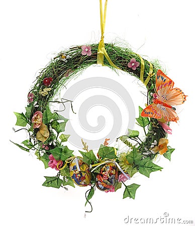 Easter wreath of artificial flowers and leaves Stock Photo