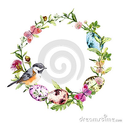 Easter wreath with colored eggs, bird in grass, flowers. Round frame. Watercolor Stock Photo