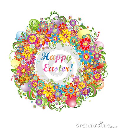 Easter wreath with colorful flowers and saturated eggs Vector Illustration