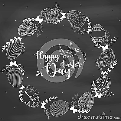 Easter wreath with easter eggs hand drawn on chalk board Vector Illustration