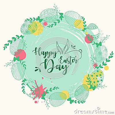 Easter wreath with easter eggs hand drawn green on green background Vector Illustration