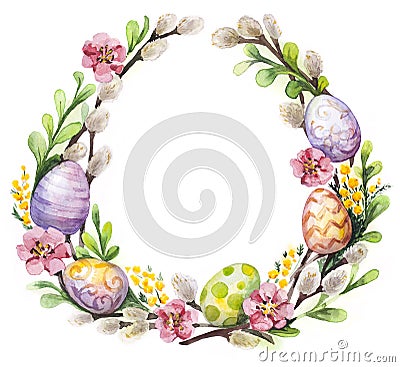 Easter wreath with easter eggs and flowers Stock Photo
