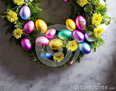 Easter wreath with eggs among a yellow spring flowers, extremely detailed, grey background, AI Generated Stock Photo