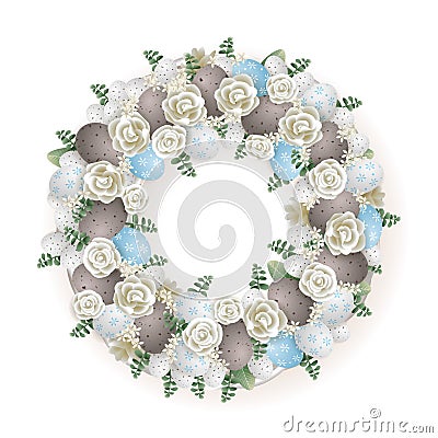 Easter wreath - elegant decorated with quail eggs flowers and leafs - blue gray white and green color Vector Illustration