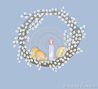 Easter wreath with golden eggs and candle Vector Illustration