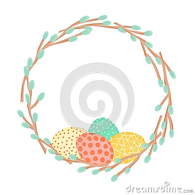 Easter wreath made of willow branches and painted eggs. Festive frame in vector Vector Illustration