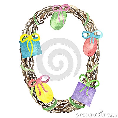Easter wreath of tree branches, watercolor card with colorful eggs, with boxes of gifts, bows, isolated on white background Stock Photo