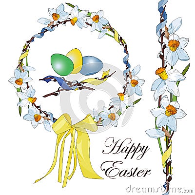 Easter wreath of white and yellow narcissus daffodils and willow Vector Illustration