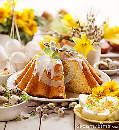 Easter yeast cake with icing and candied orange peel, delicious Easter dessert Stock Photo