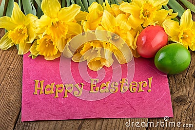 Easter yellow flowers greeting card Happy Stock Photo