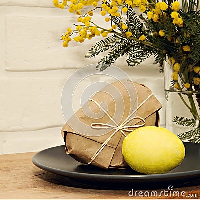 Easter yellow mimosa egg background Stock Photo