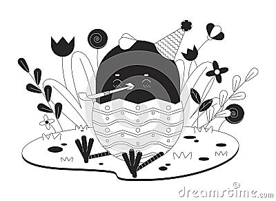 Easter young chicken party blower black and white 2D illustration concept Vector Illustration