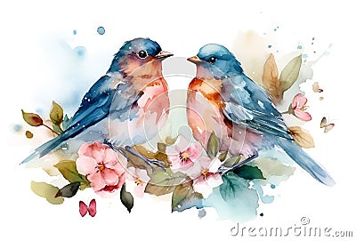 Eastern bluebird. Spring Birds sitting on a branch of a flowering tree. Cartoon Illustration