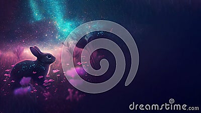 Cute Eastern bunny background banner illustration in colorful blue galaxy fantasy style, by generative AI Stock Photo