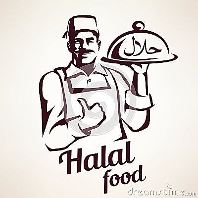 Eastern chef with plate of halal food Vector Illustration