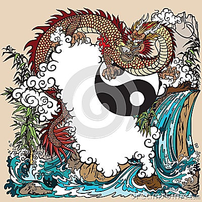 Eastern dragon in a landscape illustration Vector Illustration