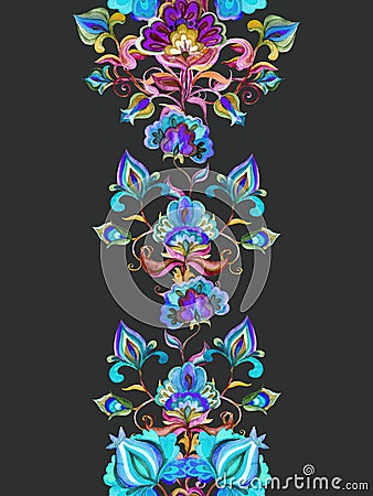 Eastern european floral decor - decorative flowers at dark background. Seamless floral border. Watercolor stripe Stock Photo