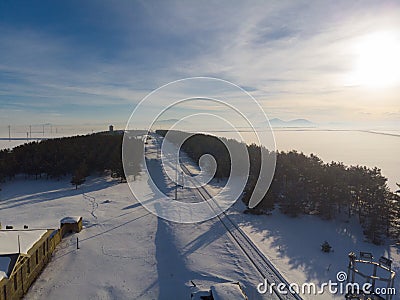 Anatolian train line, drone aerial view / Kars Stock Photo