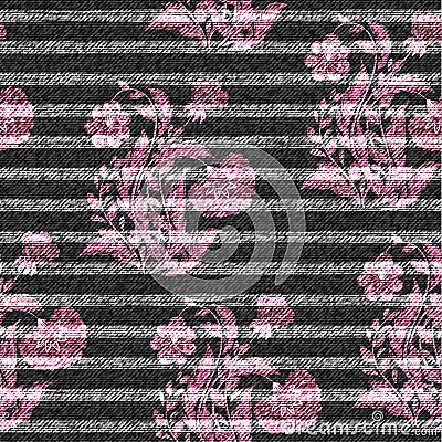 Eastern floral seamless print on striped denim backdrop. Pink doodle flowers on a dark gray background, color graphics Vector Illustration