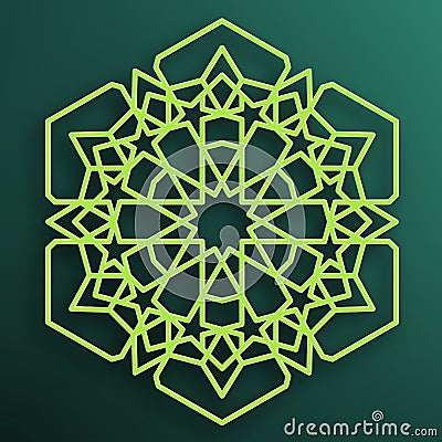 Colored Arabic ornament on a dark background. Symmetrical pattern. Eastern Islamic hexagonal frame. Element for decorating mosque Vector Illustration