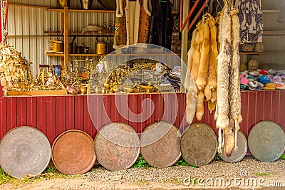 Eastern market. Counter with copper antique dishes Stock Photo