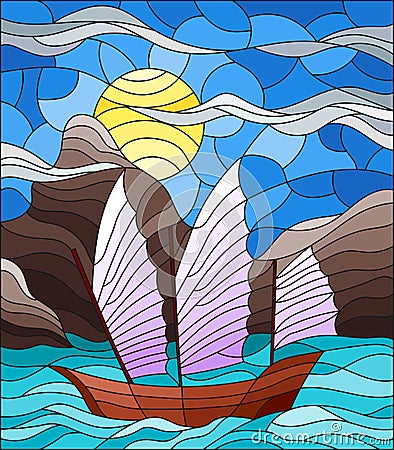 Stained glass illustration with Eastern ship with light sails on the background of sky, sun and rocky shores Vector Illustration