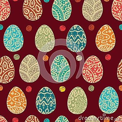 Eastern sketch eggs. Vector illustration. Vector seamless pattern with colorful eggs on BROWN background Vector Illustration