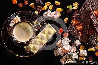 Natyutmort oriental sweets and a cup of hot coffee Stock Photo