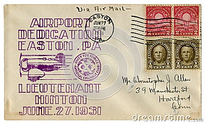 Easton, Pennsylvania, The USA - 27 June 1931: US historical envelope: cover with cachet Airport dedication, Lieutenant Hinton, sp Editorial Stock Photo
