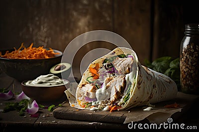 easy chicken shawarma wrap with yogurt sauce, slaw, and pickles Stock Photo