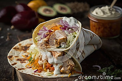 easy chicken shawarma wrap with yogurt sauce, slaw, and pickles Stock Photo