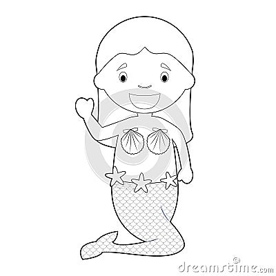 Easy coloring little girl cartoon character dressed as a mermaid. Vector Illustration Vector Illustration