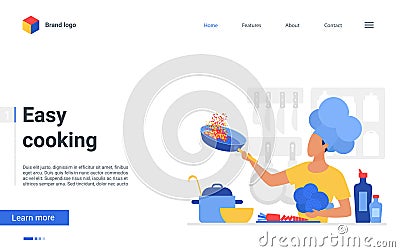 Easy cooking landing page, chef cooks healthy food in kitchen, cookery course or school Vector Illustration