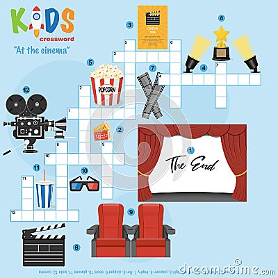 Easy crossword puzzle `At the cinema` Vector Illustration