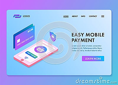 Easy mobile payment isometric 3d web template for landing page or banner. Smartphone safe, secure and easy e-payments Vector Illustration