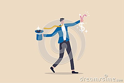 Easy money, surprise stock profit investment, magical to be rich success financial saving concept, smart businessman performing Stock Photo