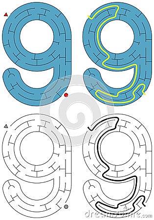 Easy number maze - number 9 Vector Illustration