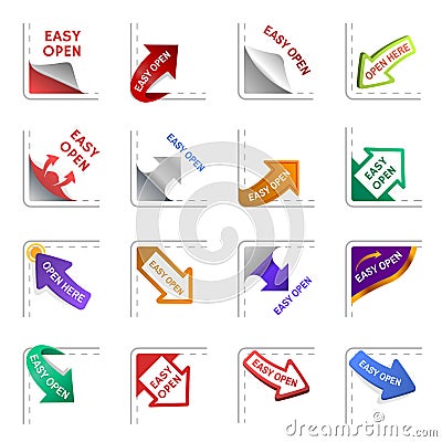 Easy open label icon set for product cover Vector Illustration