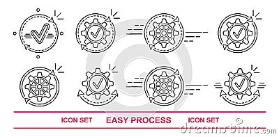 Easy operation process, gear, data update line icon set. Optimize and effective finish work, transfer money, upload file. Vector Vector Illustration