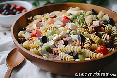 Easy Pasta Salad tomatoes, fresh mozzarella, spicy salami with Italian dressing. Ai generated Stock Photo