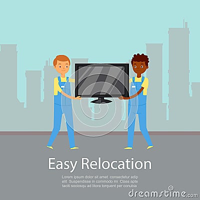 Easy relocation, poster lettering, company backround information, moving service, design cartoon style vector Vector Illustration