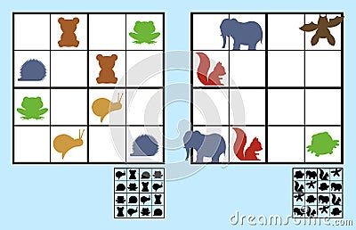 Easy sudoku puzzle with animals for children Vector Illustration