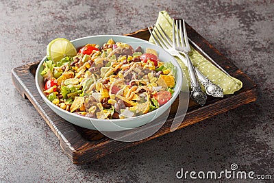 Easy taco salad is made with seasoned ground beef, crisp lettuce, vegetables, cheese and flavorful toppings closeup on the plate. Stock Photo