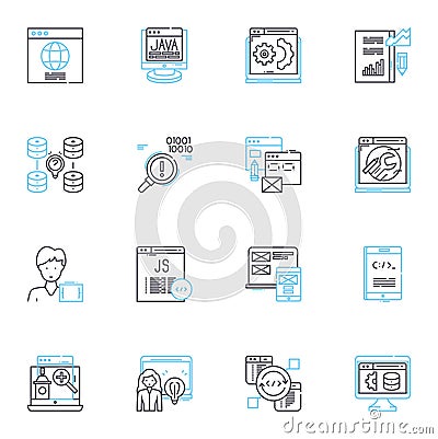 Easy tech linear icons set. Simplicity, Efficiency, Accessible, User-friendly, Streamlined, Seamless, Intuitive line Vector Illustration