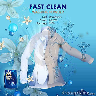 Advertisement banner of stain and dirt remover powder laundry detergent for clean and fresh cloth Vector Illustration