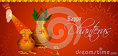 Vector illustration of decorated Diwali holiday background with Hindi greetings meaning Happy Dhanteras Vector Illustration