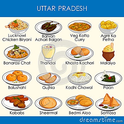 Illustration of delicious traditional food of Uttar Pradesh India Vector Illustration