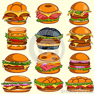 Different variety of delicious Burger Vector Illustration