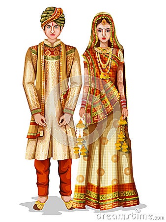 Haryanvi wedding couple in traditional costume of Haryana, India Vector Illustration