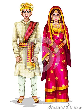 Karnatakan wedding couple in traditional costume of Karnataka, India Vector Illustration